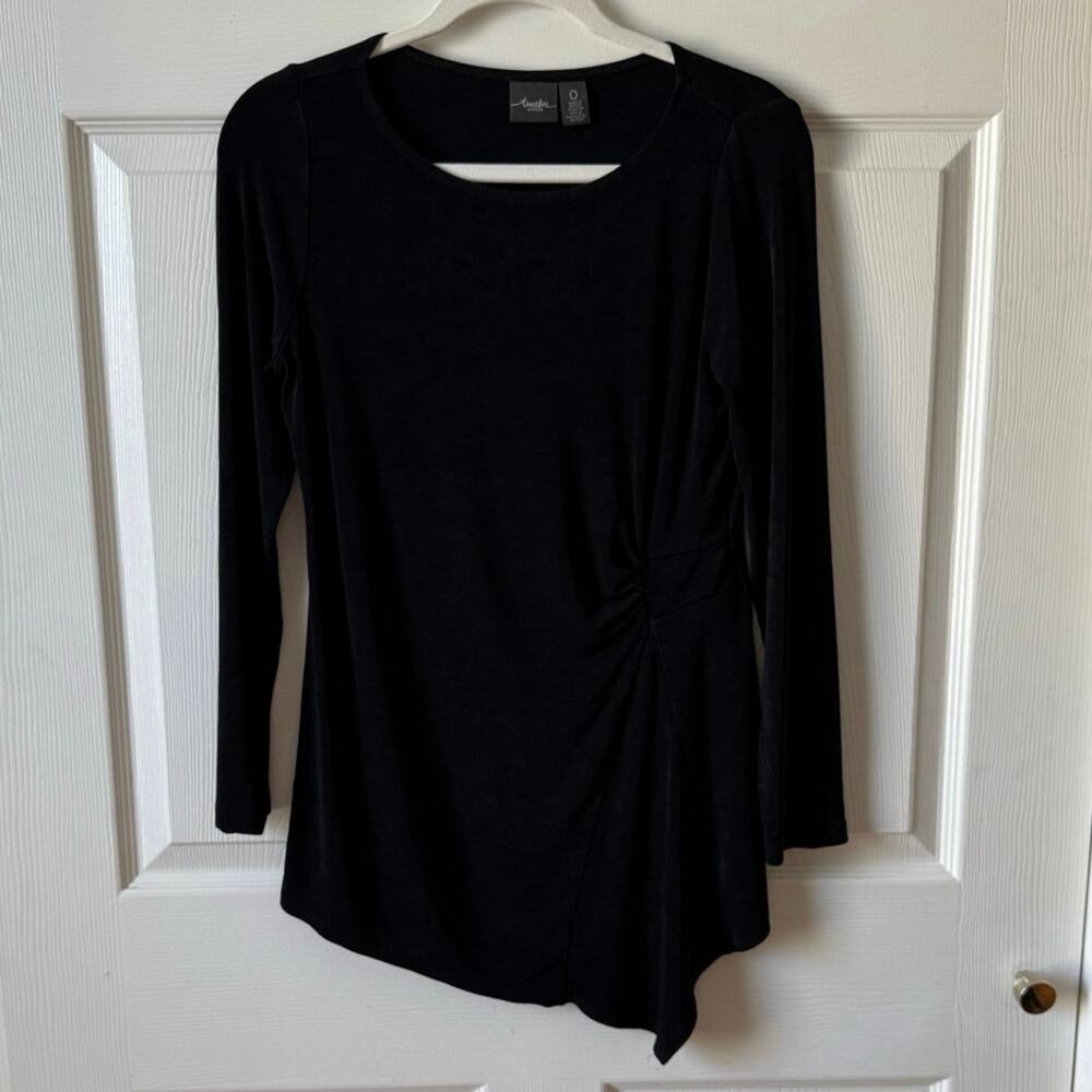 Chico’s Travelers Asymmetrical Ruched Wrap Style Top Black Size 0 / Small